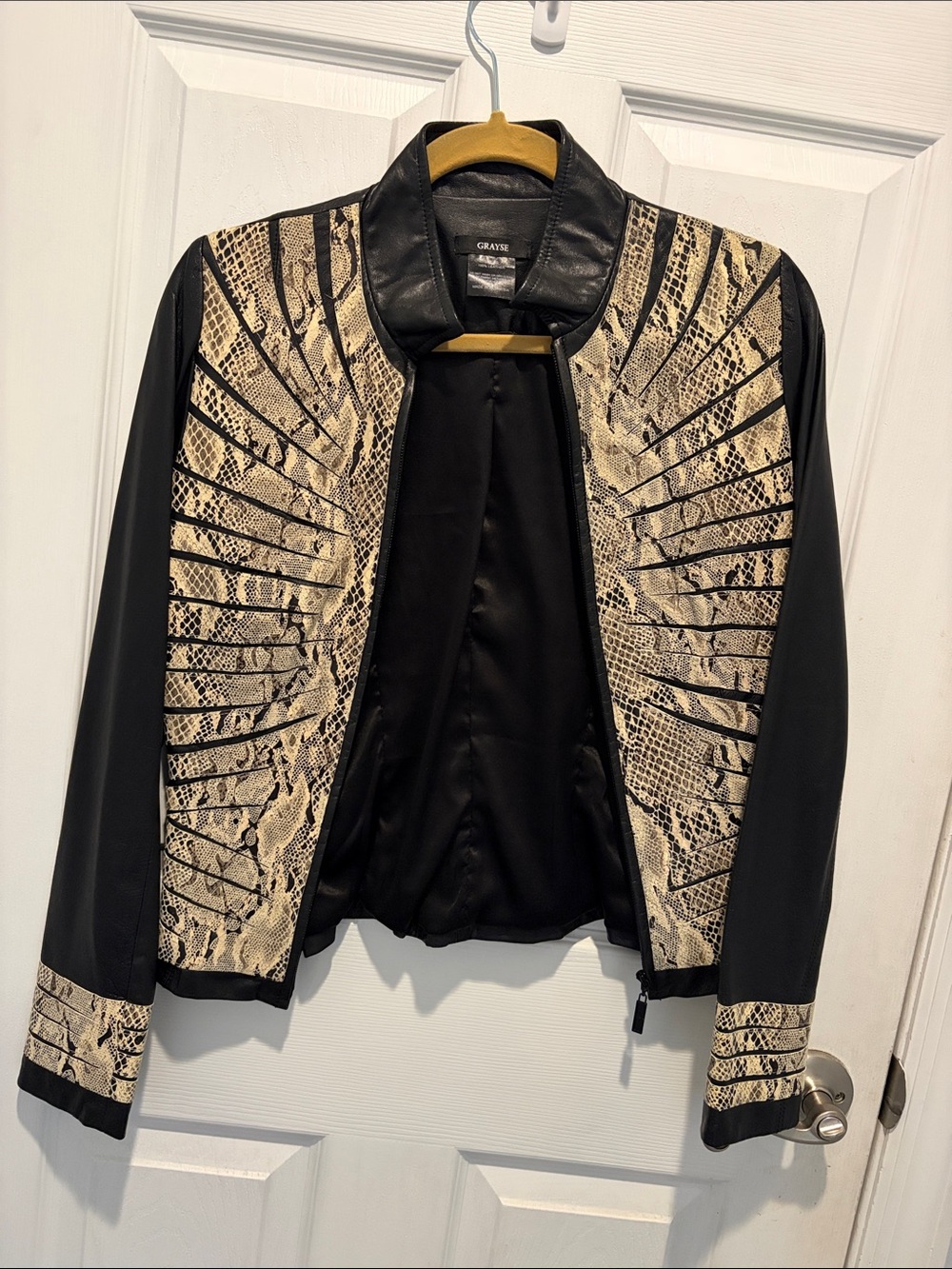 Black Leather Jacket with Beige Snake-Print Panels